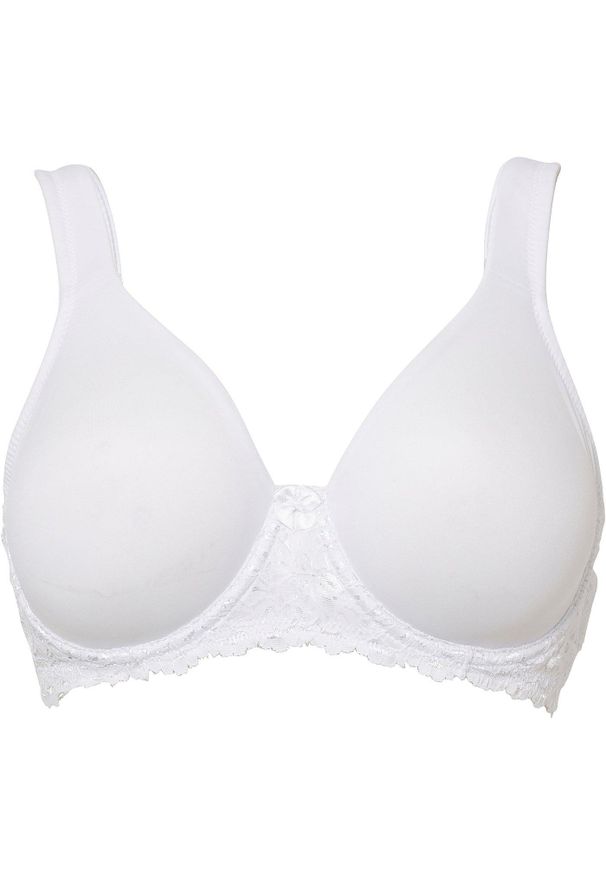 bonprix - Biustonosz typu T-shirt z wyściełanymi ramiączkami. Kolor: biały. Materiał: koronka. Rodzaj stanika: wyściełane miseczki, różne sposoby noszenia. Wzór: aplikacja, kwiaty, koronka