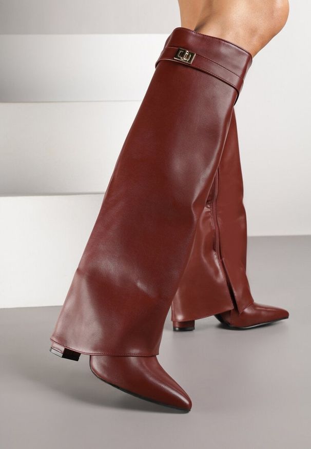 Renee - Bordowe Eleganckie Kozaki z Wywiniętą Cholewką do Kolana na Słupku Lisapa. Kolor: czerwony. Szerokość cholewki: normalna. Obcas: na słupku. Styl: elegancki