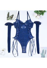 Intica - Body z koronką i sznurowaniem na wieczór Lella. Kolor: niebieski. Materiał: koronka. Wzór: koronka #1