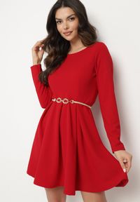 Born2be - Czerwona Elegancka Sukienka o Rozkloszowanym Kroju Temitonia. Kolor: czerwony. Długość rękawa: długi rękaw. Styl: elegancki #2