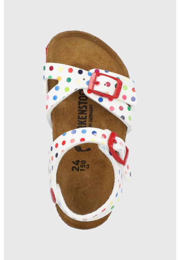 Birkenstock sandały dziecięce kolor biały. Zapięcie: klamry. Kolor: biały. Materiał: skóra, guma, materiał. Obcas: na obcasie. Wysokość obcasa: niski