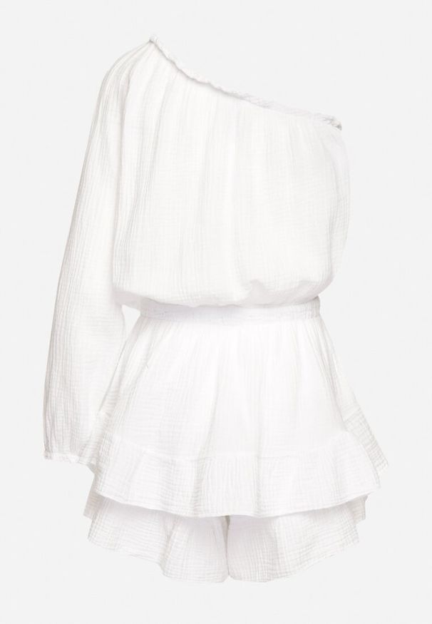 Born2be - Biały Muślinowy Kombinezon z Bawełny na Jedno Ramię z Gumką w Pasie Vimaree. Okazja: na imprezę, na co dzień. Kolor: biały. Materiał: bawełna. Styl: casual