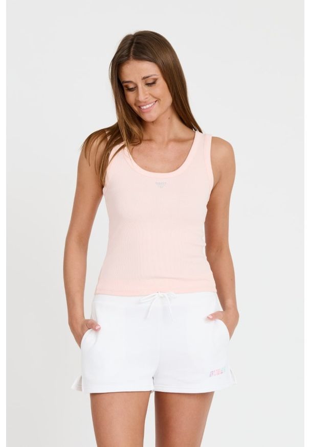 Guess - GUESS Różowy damski top Triangle Bling Rib Tank, Rozmiar S. Kolor: różowy