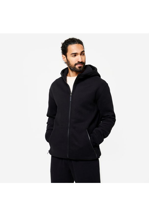 DOMYOS - Bluza na zamek z kapturem męska Nyamba Gym & Pilates 520. Typ kołnierza: kaptur. Kolor: niebieski. Materiał: włókno, tkanina, elastan, prążkowany, bawełna, materiał, poliester. Sport: joga i pilates