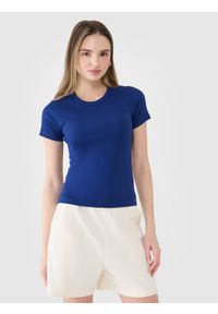4f - 4F T-shirt slim z prążkowanej dzianiny damski - granatowy S. Okazja: na co dzień. Kolor: niebieski. Materiał: dzianina, prążkowany. Długość rękawa: krótki rękaw. Długość: krótkie. Wzór: prążki, jednolity. Styl: klasyczny, sportowy, casual