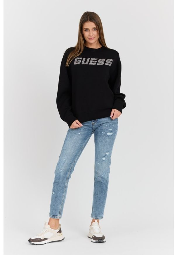 Guess - GUESS Czarna damska bluza z cyrkoniami Cecilia. Typ kołnierza: bez kaptura. Kolor: czarny. Materiał: materiał, poliamid, wiskoza, elastan. Długość rękawa: długi rękaw. Długość: długie. Wzór: aplikacja. Styl: elegancki