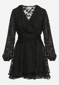 Born2be - Czarna Rozkloszowana Sukienka Mini z Plumeti o Kopertowym Kroju Tayeta. Kolor: czarny. Materiał: tkanina. Typ sukienki: kopertowe. Długość: mini