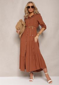Renee - Ciemnobrązowa Koszulowa Sukienka Maxi z Bawełny Junira. Okazja: na co dzień. Kolor: brązowy. Materiał: bawełna. Typ sukienki: koszulowe. Styl: casual. Długość: maxi #5