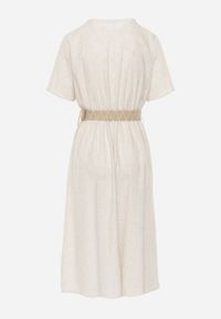 Renee - Beżowa Koszulowa Sukienka Midi z Bawełny z Gumką w Talii i Plecionym Paskiem Emera. Kolor: beżowy. Materiał: bawełna. Typ sukienki: koszulowe. Długość: midi #6