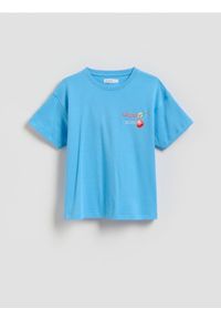 Reserved - Bawełniany t-shirt z aplikacją - niebieski. Kolor: niebieski. Materiał: bawełna. Wzór: aplikacja #1