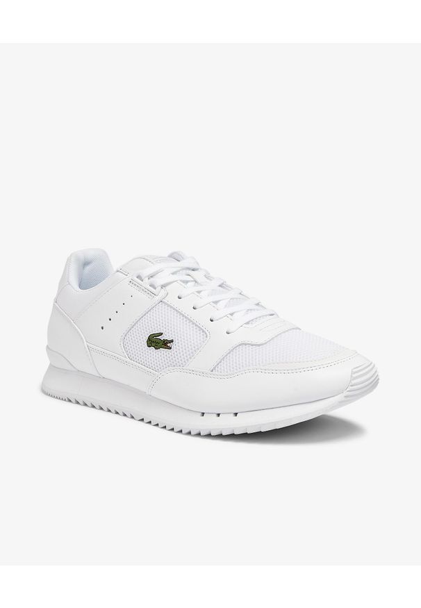 Lacoste - LACOSTE - Białe sneakersy z haftowanym logo PARTNER PISTE. Kolor: biały. Materiał: jeans, poliester. Wzór: haft