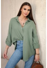 Kesi Włoski - Koszula bawełniana muślinowa oversize khaki. Okazja: na co dzień. Kolor: brązowy. Materiał: bawełna. Styl: klasyczny, elegancki, casual
