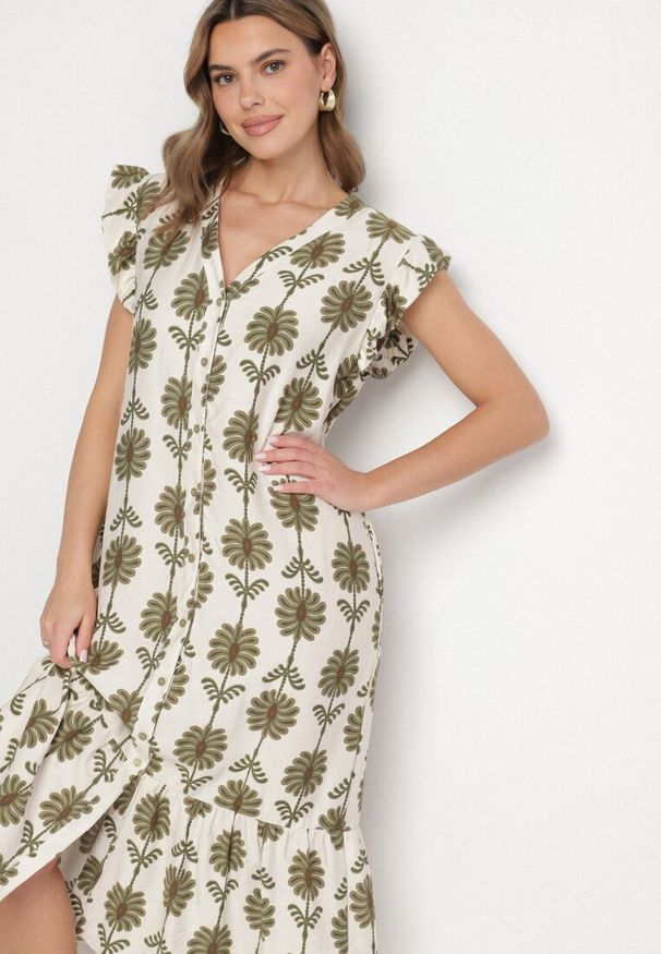 Born2be - Biało-Zielona Kwiatowa Sukienka z Bawełną i Falbanką Efanelia. Okazja: na spacer, na imprezę. Typ kołnierza: dekolt w serek. Kolor: beżowy. Materiał: bawełna. Wzór: kwiaty. Sezon: wiosna, lato. Typ sukienki: proste. Styl: elegancki