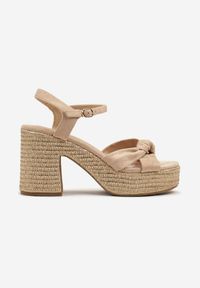 Renee - Beżowe Sandały w Stylu Boho z Ozdobnym Węzłem Nevian. Okazja: na co dzień, na imprezę, na spacer. Kolor: beżowy. Materiał: jeans. Sezon: lato. Obcas: na obcasie. Styl: boho. Wysokość obcasa: średni #6