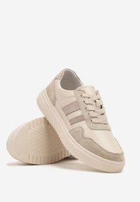 Born2be - Beżowe Skórzane Sneakersy z Paskami Andaxele. Okazja: na co dzień. Zapięcie: pasek. Kolor: beżowy. Materiał: skóra