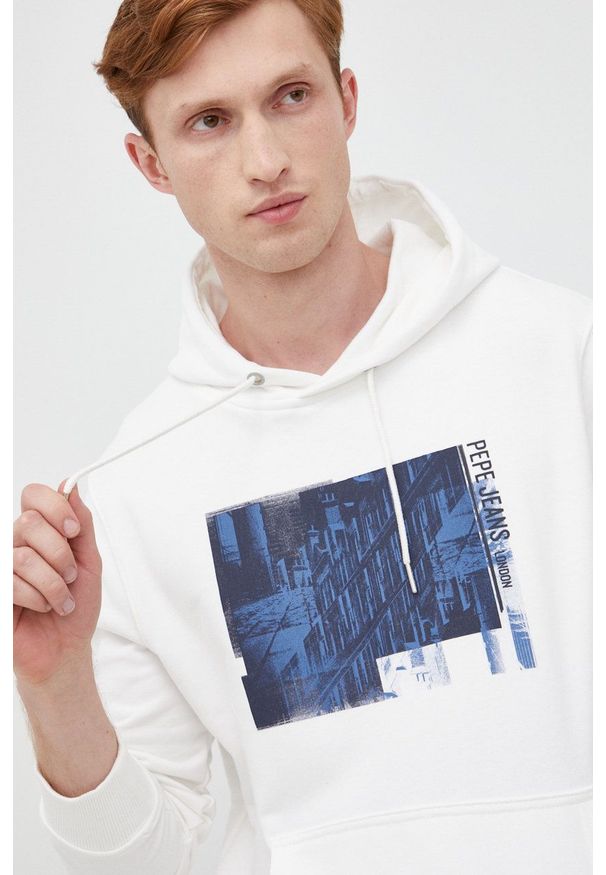 Pepe Jeans bluza bawełniana męska kolor biały z kapturem z nadrukiem. Typ kołnierza: kaptur. Kolor: biały. Materiał: bawełna. Wzór: nadruk