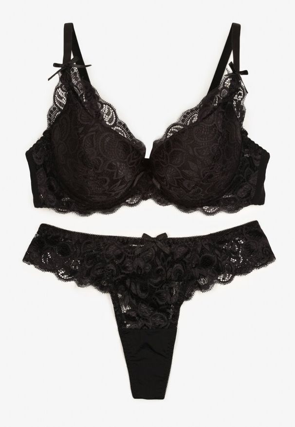 Born2be - Czarny Komplet Usztywniany Biustonosz na Ramiączkach z Regulacją na Haftki i Stringi Vimereias. Kolor: czarny. Materiał: koronka. Wzór: aplikacja, koronka