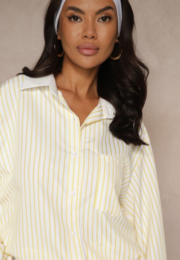 Renee - Żółta Koszula Ozdobiona Kieszonką i Paskami Zarindia. Okazja: na co dzień. Kolor: żółty. Materiał: jeans. Wzór: aplikacja. Styl: klasyczny, casual