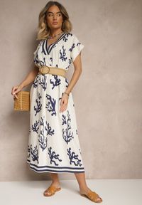 Renee - Niebiesko-Beżowa Pudełkowa Sukienka z Wiskozą i Lnem Sadeone. Okazja: na co dzień. Kolor: niebieski. Materiał: len, wiskoza. Styl: elegancki, casual