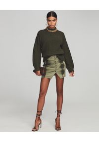 RETROFETE - Zielona drapowana spódnica Willa. Stan: podwyższony. Kolor: zielony. Materiał: bawełna, jeans. Wzór: aplikacja