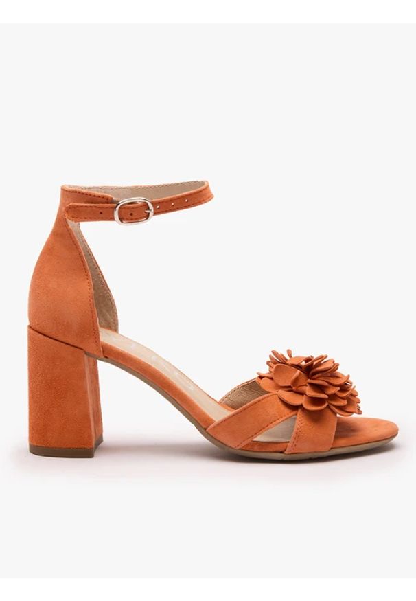 Ryłko - Pomarańczowe sandały na obcasie z kwiatem. Okazja: na co dzień. Nosek buta: okrągły. Zapięcie: sprzączka. Kolor: pomarańczowy. Wzór: kwiaty. Materiał: skóra, welur. Sezon: wiosna, lato. Obcas: na obcasie. Styl: casual, street, klasyczny, elegancki. Wysokość obcasa: średni