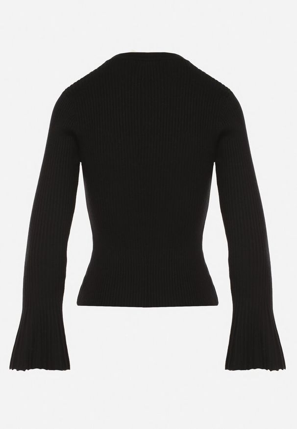 Born2be - Czarny Prążkowany Sweter z Wiskozą z Rozszerzanymi Rękawami Sediva. Okazja: do pracy. Kolor: czarny. Materiał: prążkowany, wiskoza. Długość: długie